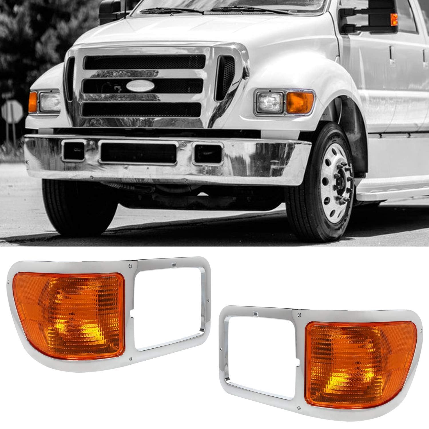 HECASA Pair Headlight Compatible With 2000-2015 FORD F650 / F750 Headlamp Bezel Trim+Corner Signal Lights Lens Driver Passenger Left Right Replaecement for YC3Z13201AA YC3Z13200AA