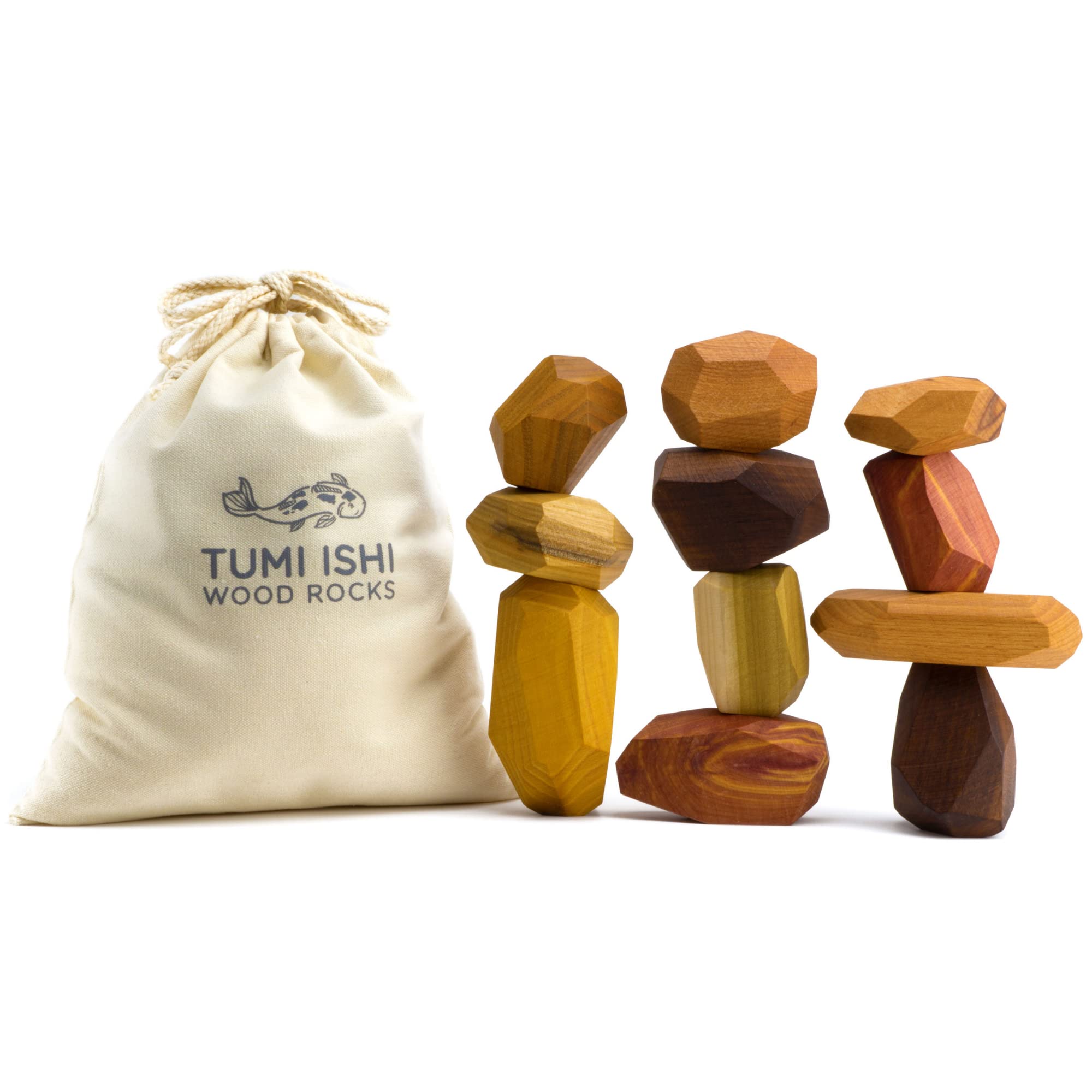 Tumi Ishi 11 Piece Natural Wooden Balancing Block Set - Sensory Educational Natural Wood Toy Stacking Game - Mixed Wood Species - USA Made - Jojoba Oil and Beeswax Finish - Wood Stone Building Blocks