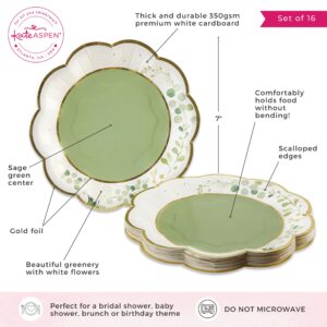 Kate Aspen Sage Green Party Decorations, Eucalyptus Floral Print 7 in. Decorative Premium Paper Plates (350 GSM weight -Set of 16) - Perfect for Greenery Baby Shower & Bridal Showers