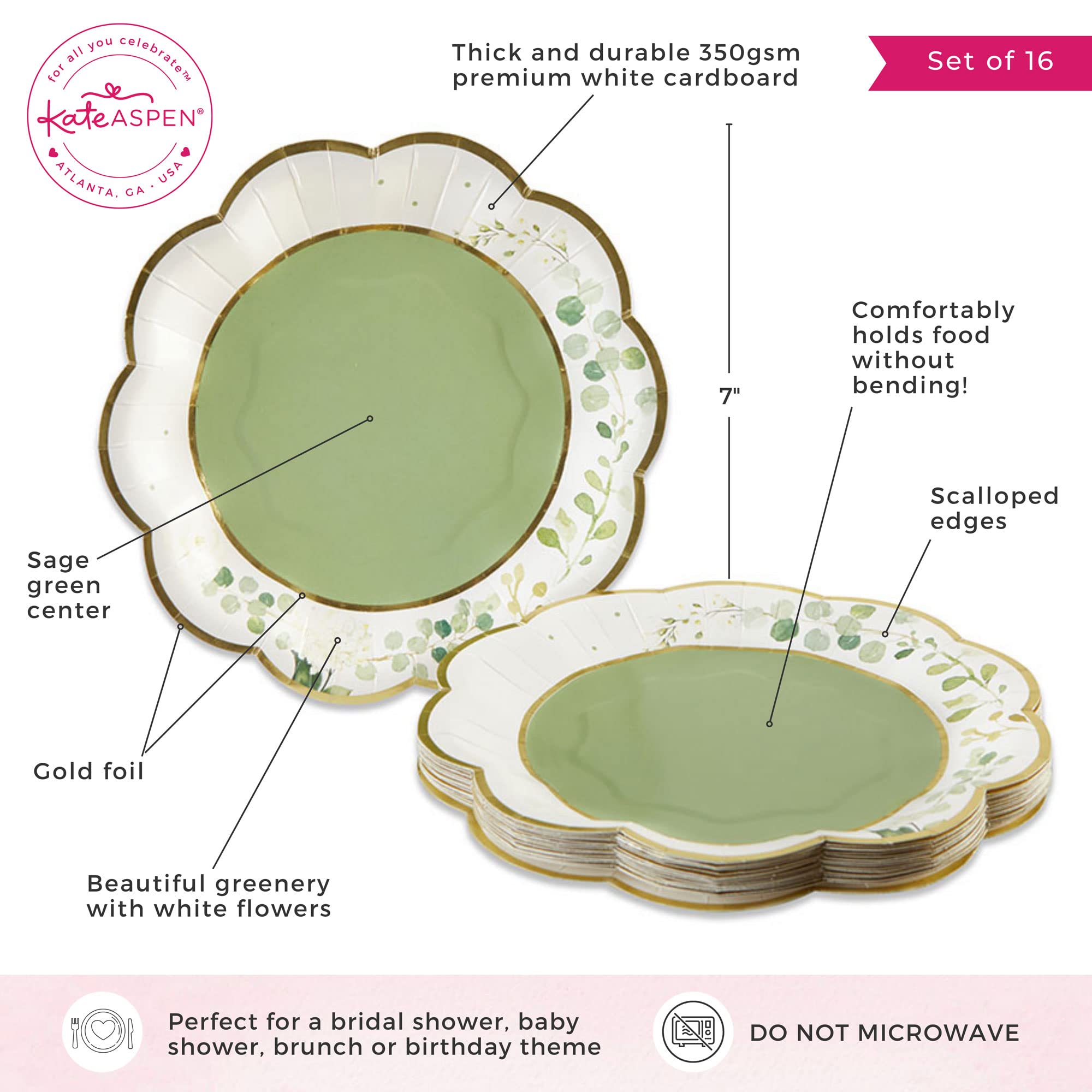 Kate Aspen Sage Green Party Decorations, Eucalyptus Floral Print 7 in. Decorative Premium Paper Plates (350 GSM weight -Set of 16) - Perfect for Greenery Baby Shower & Bridal Showers