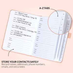 GoGirl Address Book – Telephone and Address Book with Alphabetic Tabs for Safely Storing Contacts, Small-Sized (4.0″ x 5.5″) PU Leather Hardcover – Peach Pink