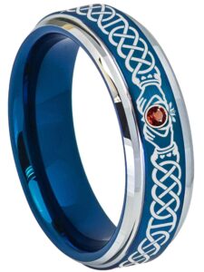 celtic claddagh ring with 0.03 carat garnet gemstone tungsten carbide ring - 6mm brushed comfort fit 2-tone blue tungsten anniversary ring - january birtstone ring