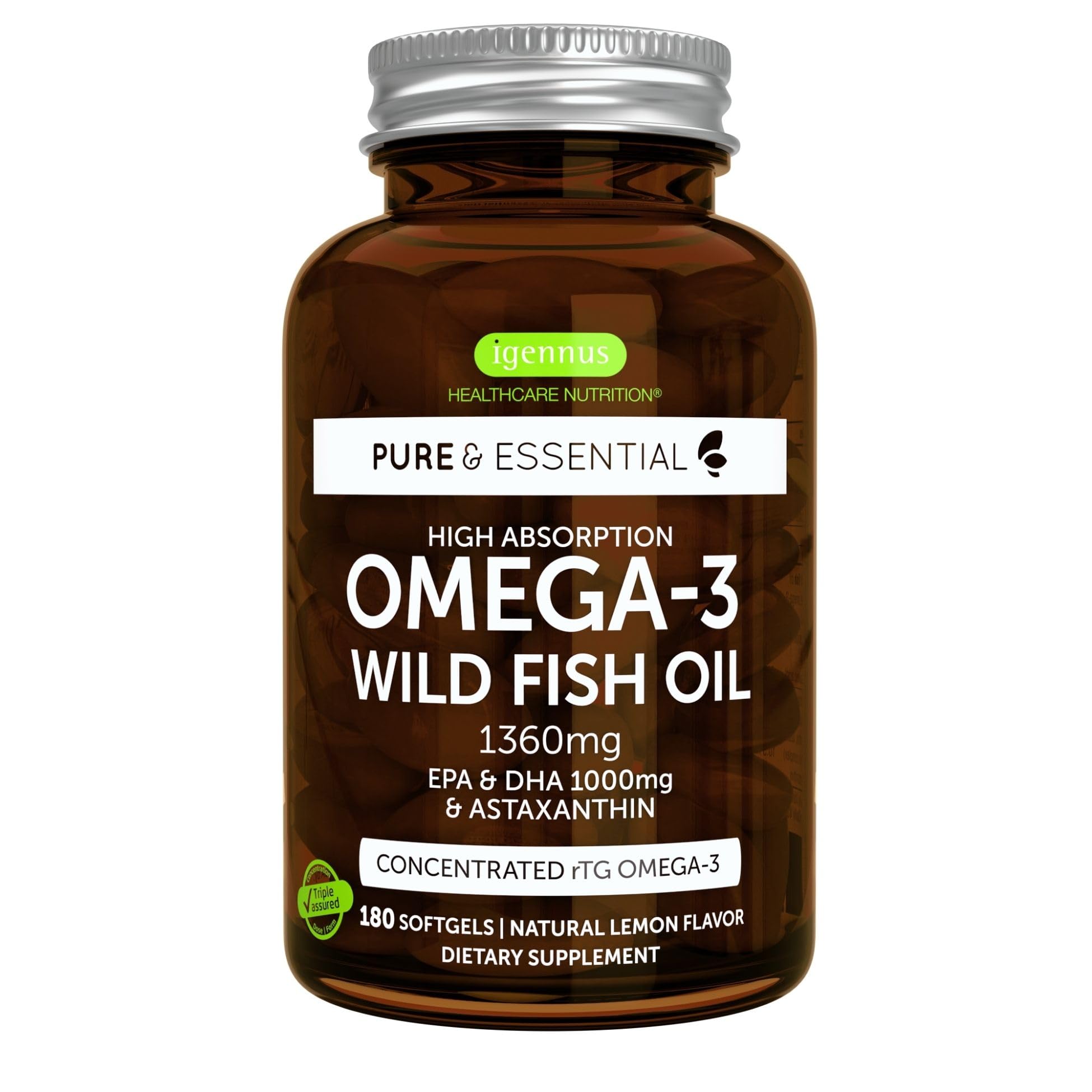 Super Concentrated Triglyceride Omega 3 Wild Fish Oil rTG, EPA DHA 1000mg, Clean Label, Ultra Pure, Free from Environmental Toxins, Non-GMO, Astaxanthin 1mg, Lemon Flavor, 180 Softgels by Igennus