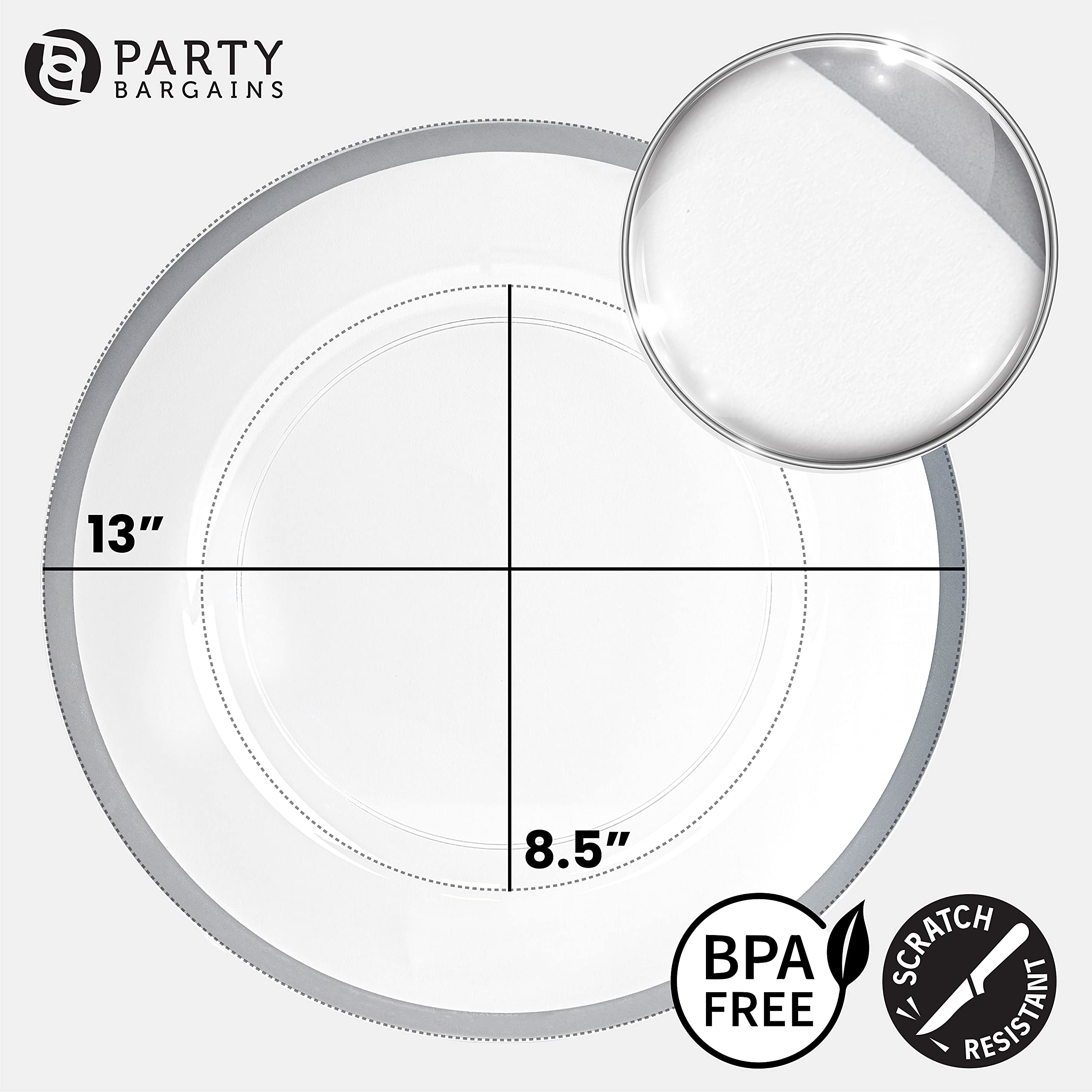 PARTY BARGAINS 13-Inch Charger Plates - 8 Pack, Clear Silver Rim, Heavy-Duty Disposable Chargers for Elegant Dining - Ideal for Weddings and Formal Events