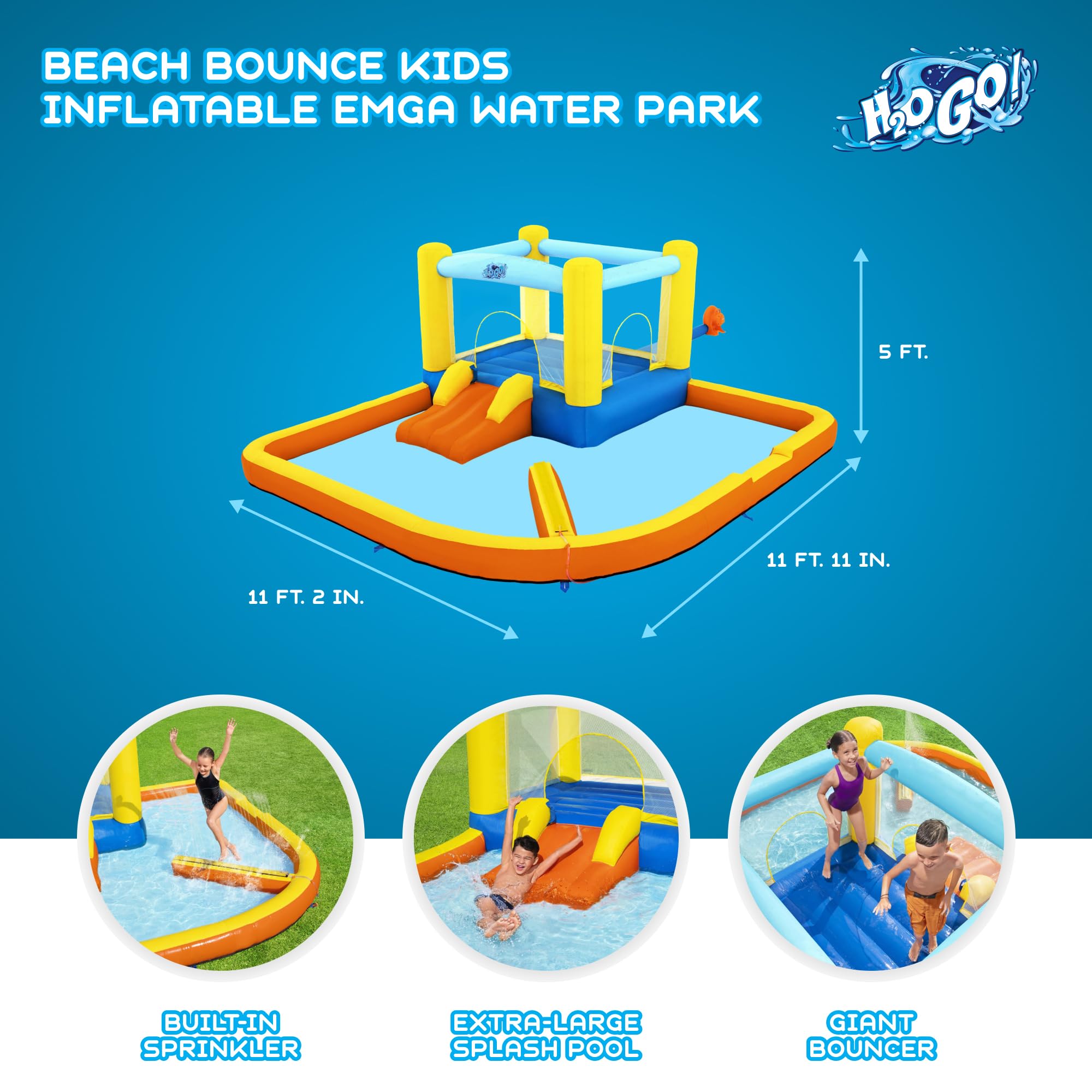 Bestway H2OGO! Beach Bounce House Kids Outdoor Inflatable Water Slide Park with Water Wall, Ground Stakes, Storage Bag, and Air Blower for Quick Setup