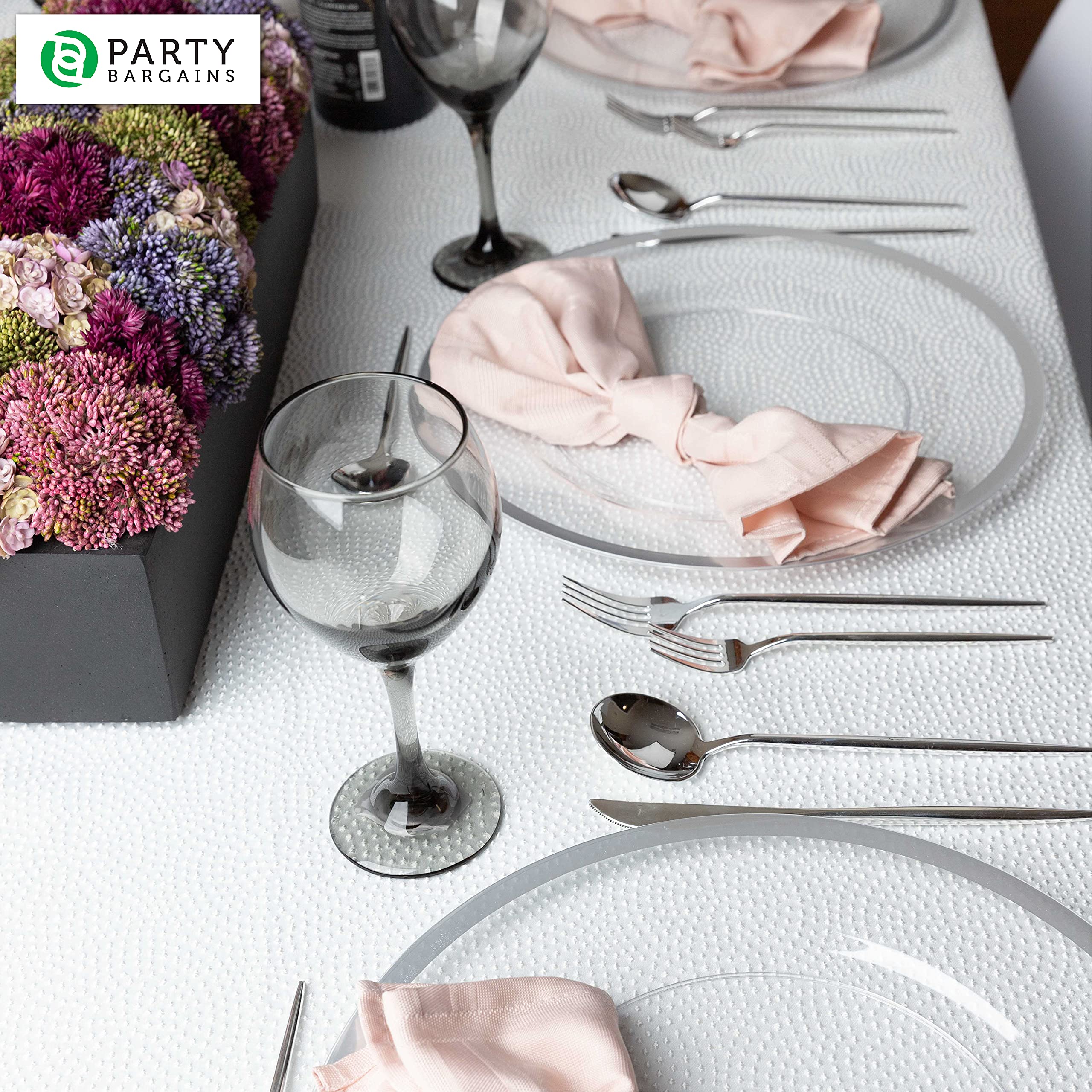 PARTY BARGAINS 13-Inch Charger Plates - 8 Pack, Clear Silver Rim, Heavy-Duty Disposable Chargers for Elegant Dining - Ideal for Weddings and Formal Events