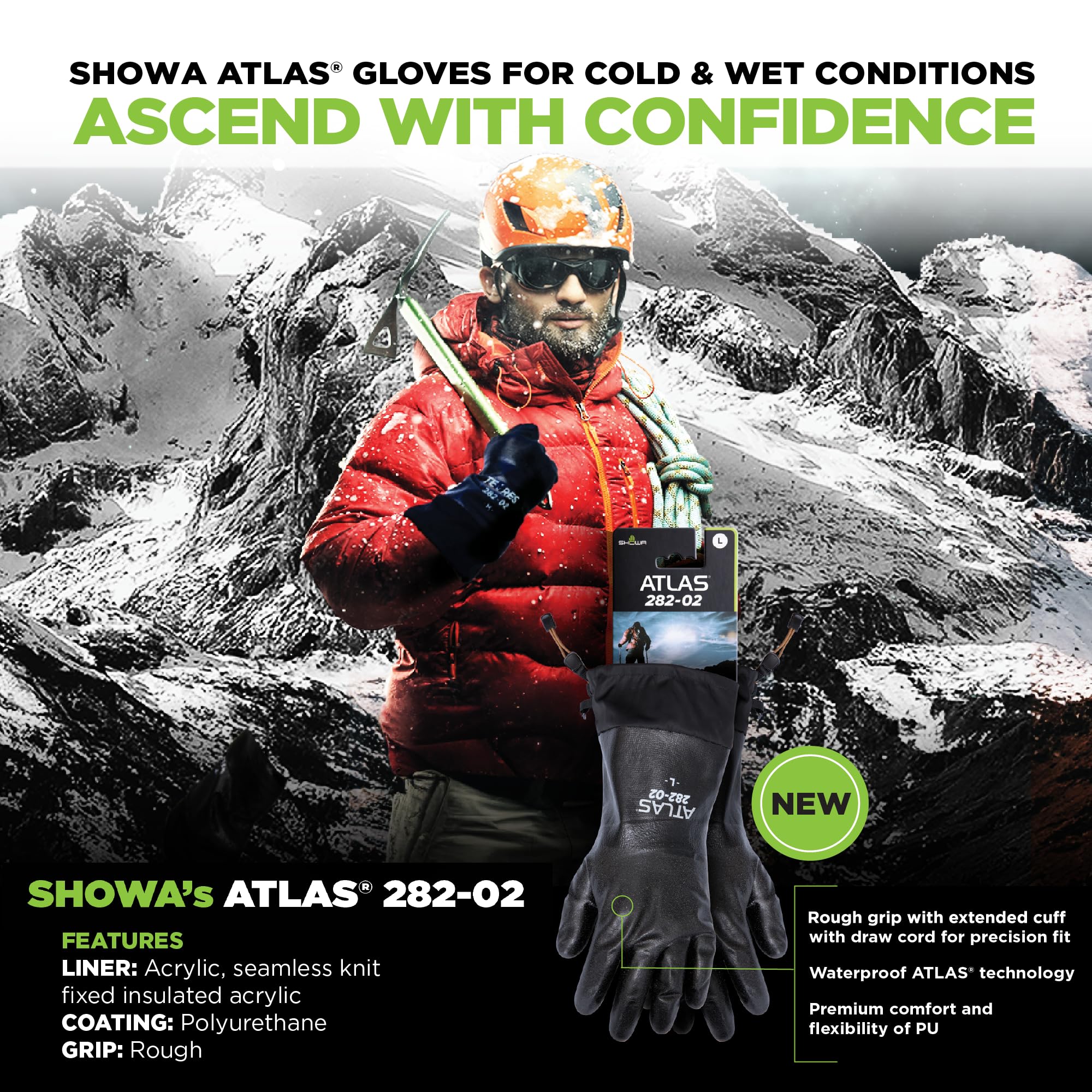 SHOWA 282-02 Waterproof Breathable Insulated Winter/Ski/Ice Glove with Extended Cuff (1 Pair),Black, Medium