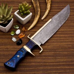 NoonKnives: 15" Hand Made Damascus Steel Collectible TEXAS Bowie Knife Handle pakka wood with brass clip (blue) (blue taxas)