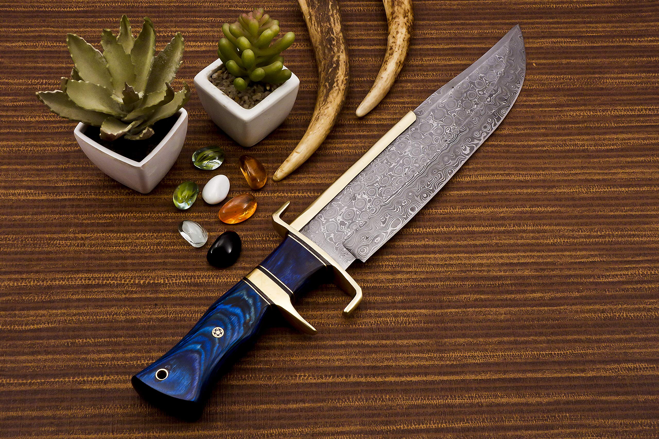 NoonKnives: 15" Hand Made Damascus Steel Collectible TEXAS Bowie Knife Handle pakka wood with brass clip (blue) (blue taxas)