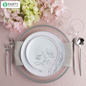 PARTY BARGAINS 13-Inch Charger Plates - 8 Pack, Clear Silver Rim, Heavy-Duty Disposable Chargers for Elegant Dining - Ideal for Weddings and Formal Events