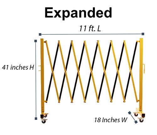 Trafford Industrial Expandable Metal Barricade, 11 Feet, Yellow and Black, Mobile Safety Barrier Gate, Retractable Traffic Fence