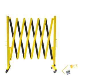 trafford industrial expandable metal barricade, 11 feet, yellow and black, mobile safety barrier gate, retractable traffic fence