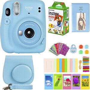 fujifilm instax mini 11 camera with fujifilm instant mini film (20 sheets) bundle with deals number one accessories including carrying case, color filters, photo album, stickers + more (sky blue)