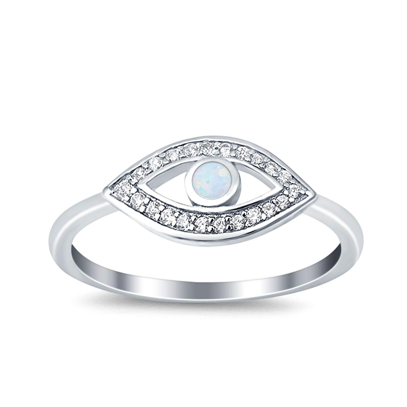 Blue Apple Co. Lab Created White Opal Size-6 Evil Eye Ring Round Simulated Cubic Zirconia 925 Sterling Silver