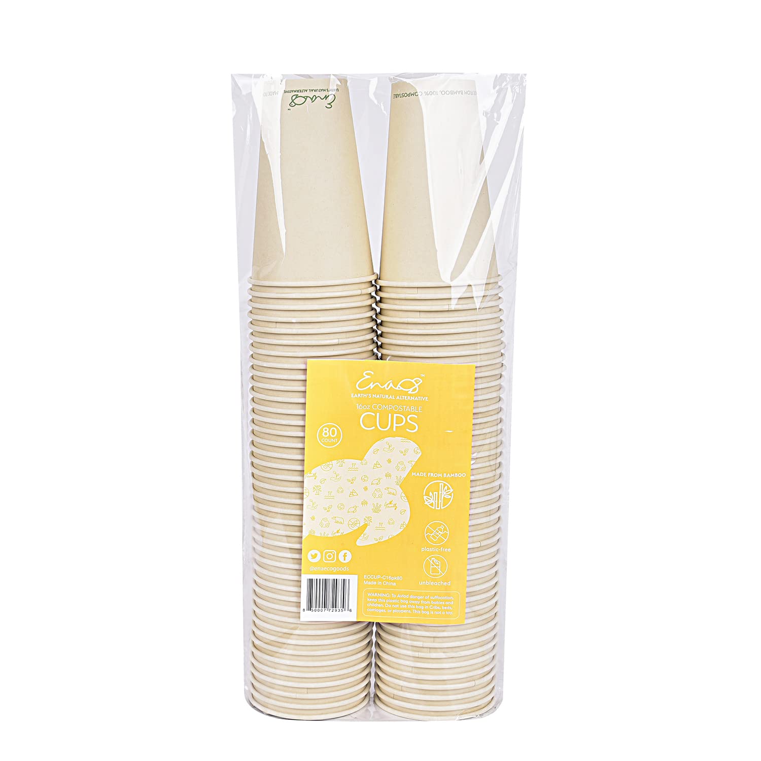 100% Compostable Disposable Coffee Cups [16oz 80 Pack] Paper Cups Made from Bamboo, Eco-Friendly, Biodegradable Premium Party Cups, Natural Unbleached by Earth's Natural Alternative