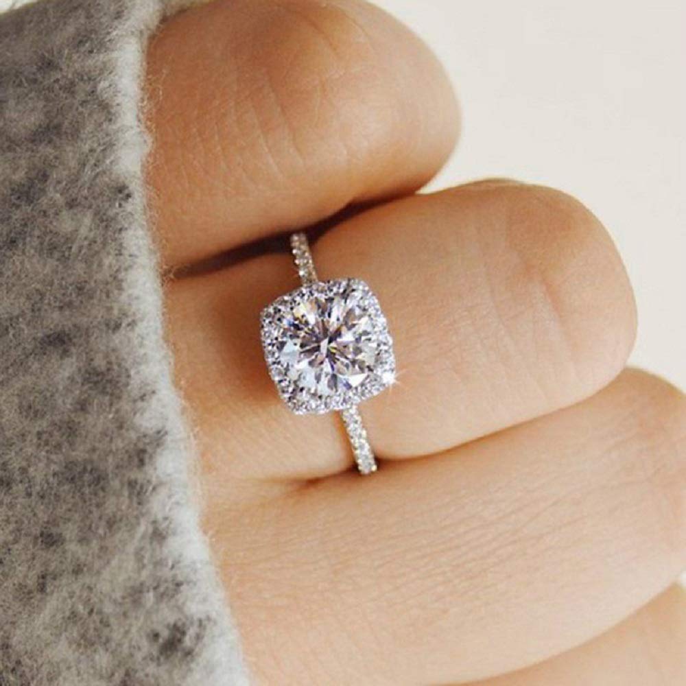 XINQI Fashion Ring Cushion Cut CZ Zircon Stone 925 Silver Engagement Wedding Band Ring Cubic Zirconia Promise Halo Engagement Ring Anniversary Wedding Bands (8),2020-2021-tc