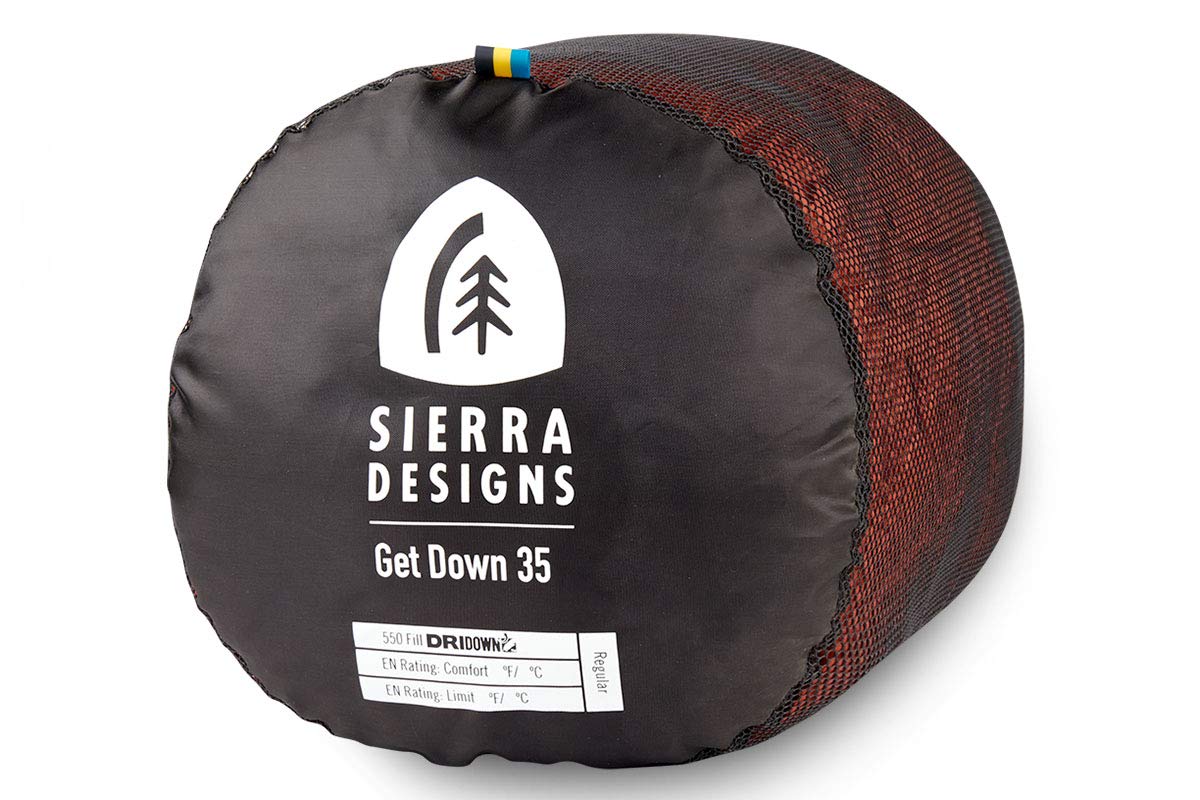 Sierra Designs Get Down 35 Degree Sleeping Bag - 550 Fill Power DriDown (PFC Free), Mummy Style Camping & Backpacking Sleeping Bags for Men & Women, Stuff Sack Included (Regular)