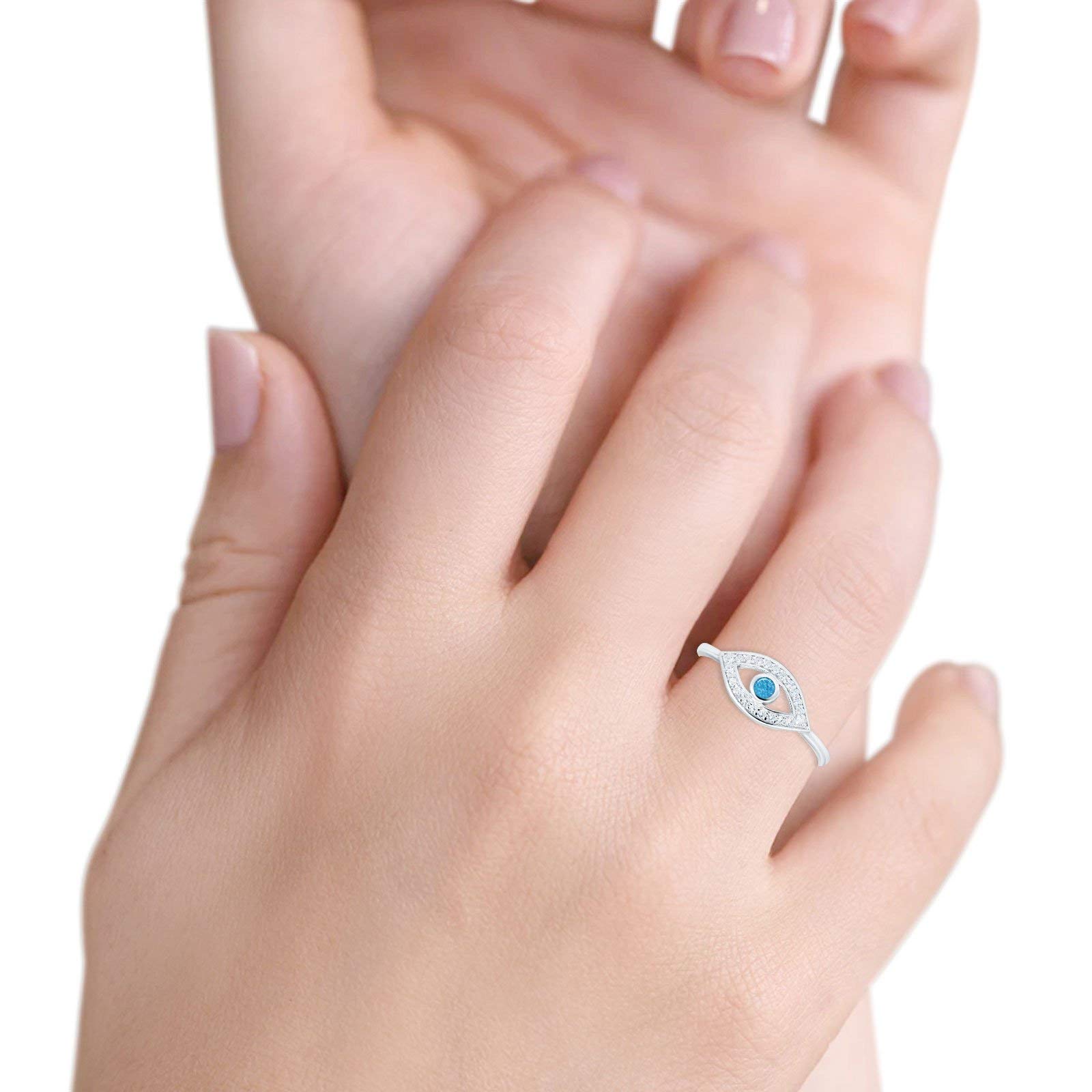 Lab Created Blue Opal Size-4 Evil Eye Ring Round Simulated Cubic Zirconia 925 Sterling Silver