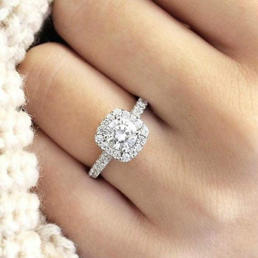 XINQI Fashion Ring Cushion Cut CZ Zircon Stone 925 Silver Engagement Wedding Band Ring Cubic Zirconia Promise Halo Engagement Ring Anniversary Wedding Bands (6)