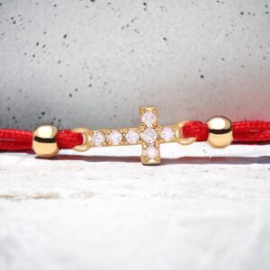 My Harmony Tree CZ Stones Gold Little Cross Charm Red String Protection Bracelet, Adjustable