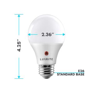 LUXRITE A19 LED Dusk to Dawn Light Bulbs Outdoor Lighting, 60 Watt Equivalent, Enclosed Fixture Rated, Automatic On Off Sensor, 3000K Soft White, 800 Lumens, Damp Rated, E26 Base (2 Pack)