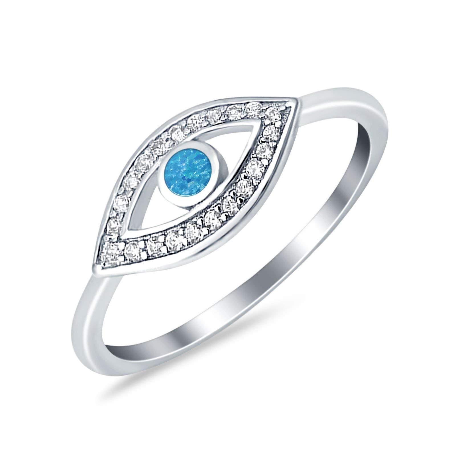 Lab Created Blue Opal Size-4 Evil Eye Ring Round Simulated Cubic Zirconia 925 Sterling Silver