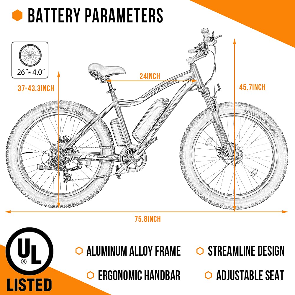 ECOTRIC 26” Fat Tire Electric Bike Powerful Adults Mountain Bicycle 500W Motor 36V/12.5AH Removable Lithium Battery Beach Snow Ebike Shock Absorption - 90% Pre Assembled