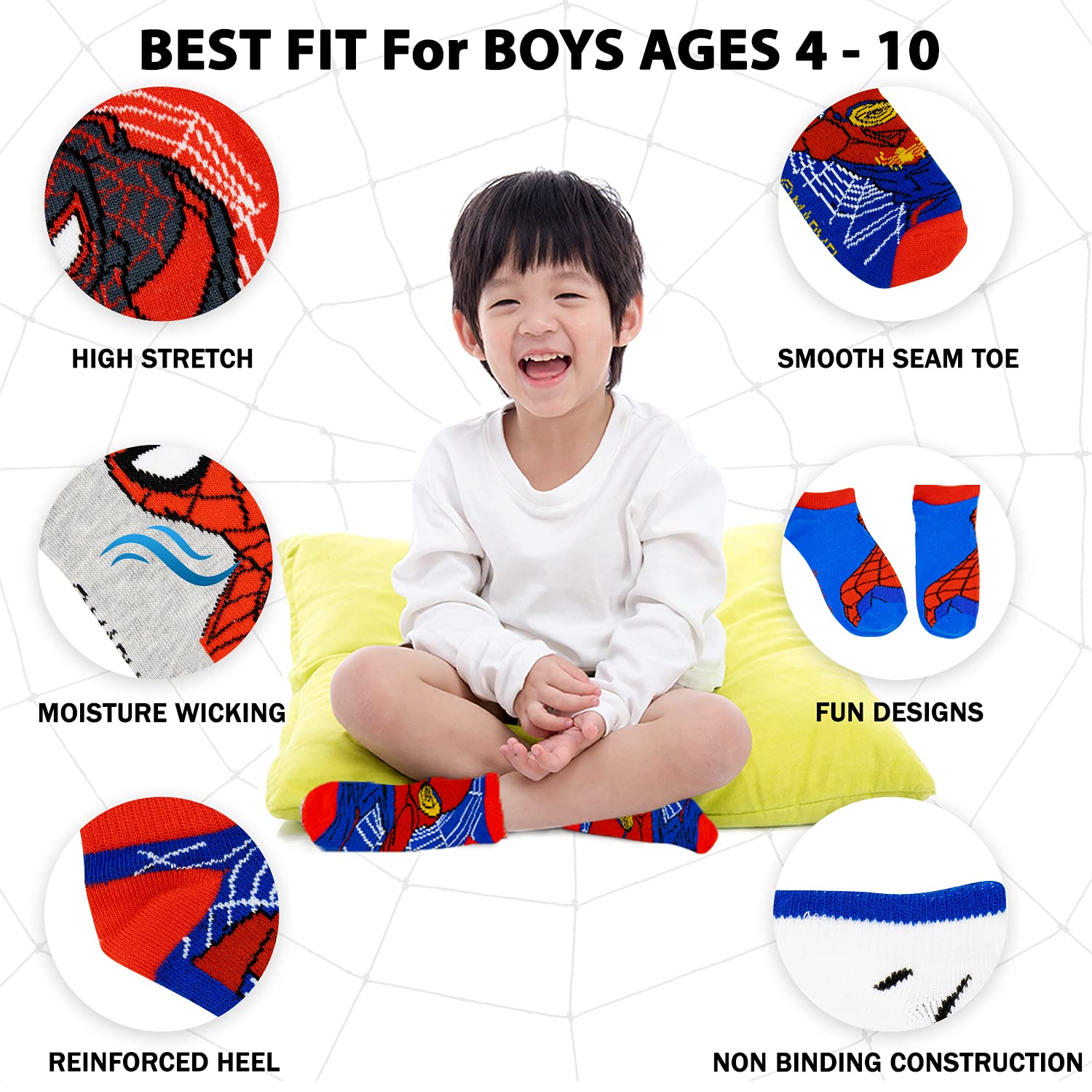 Marvel Spider-Man Socks for Boys, 10 Pairs Low Cut Socks for Boys Ages 3-9