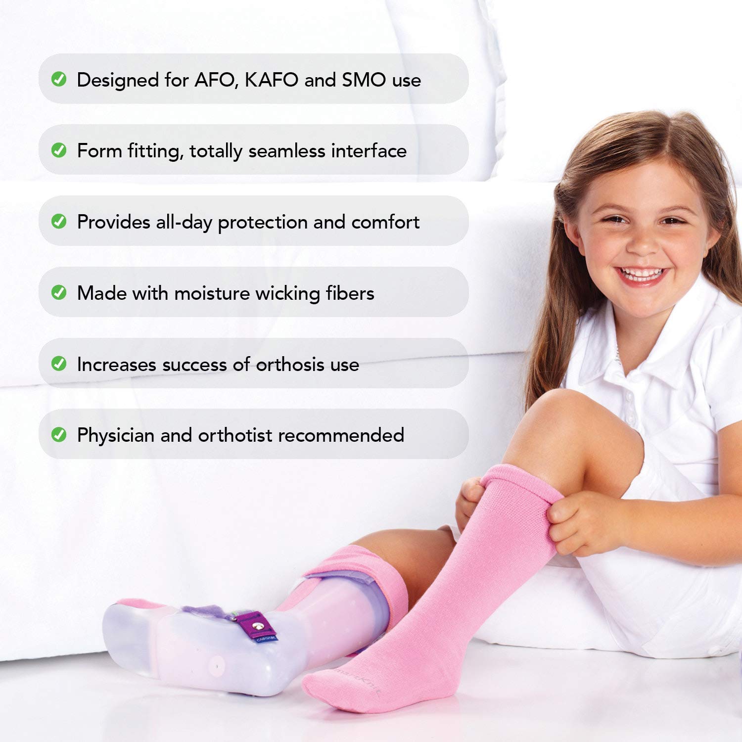 SMARTKNIT & CoreSpun Kids AFO Interface Socks - 4 Pack (2-White, Grey, Cheery(Black/Royal Blue), Child Regular)