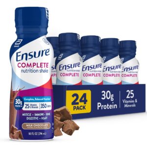 ensure complete nutrition shake, 30g of protein, meal replacement shake, with nutrients for immune health, chocolate, 10 fl oz (pack of 24)