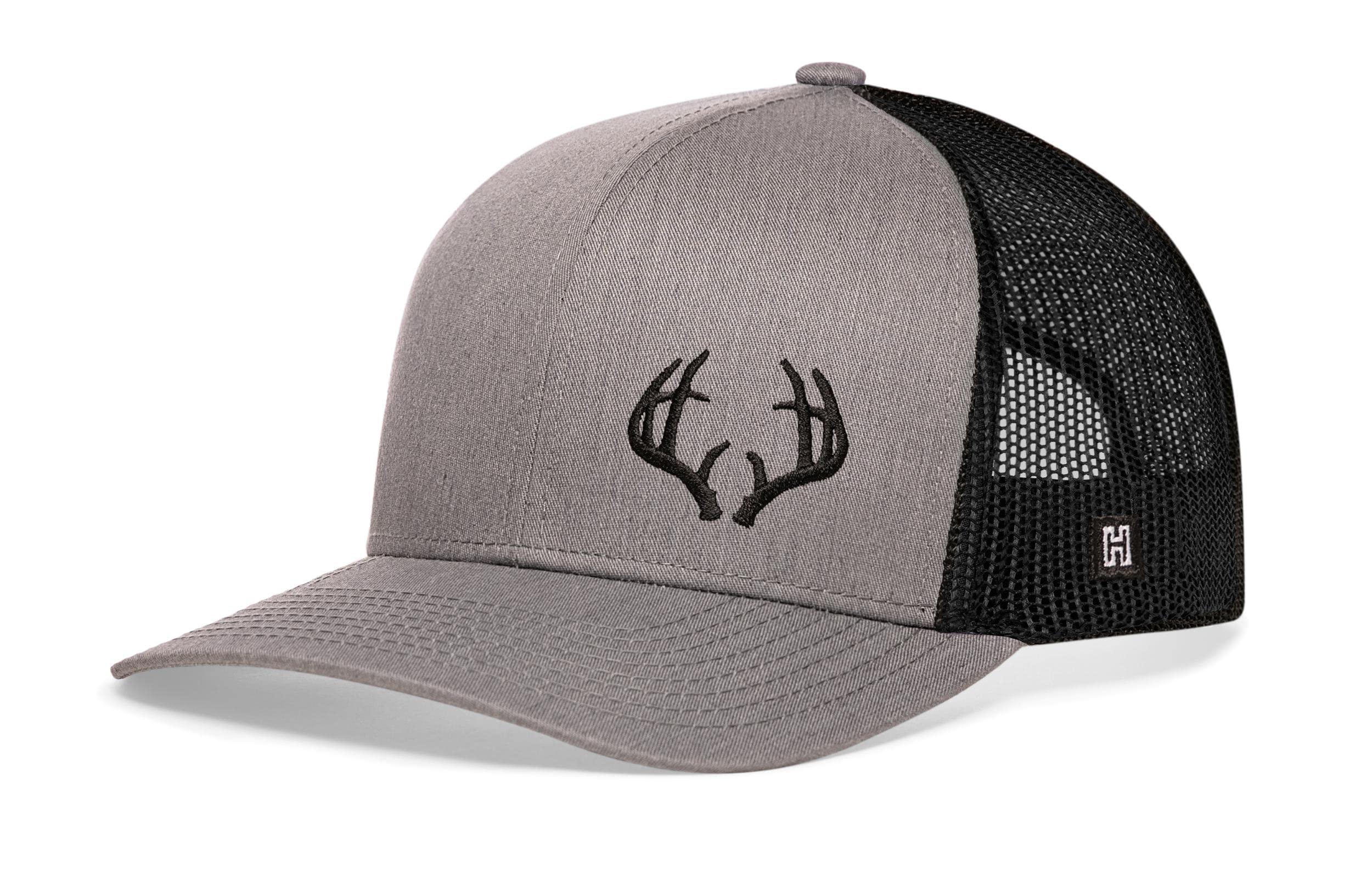 HAKA Buck Antler Embroidered Trucker Hat, Outdoor Hat for Men & Women, Adjustable Baseball Cap, Mesh Snapback, Golf Hat (Grey/Black)