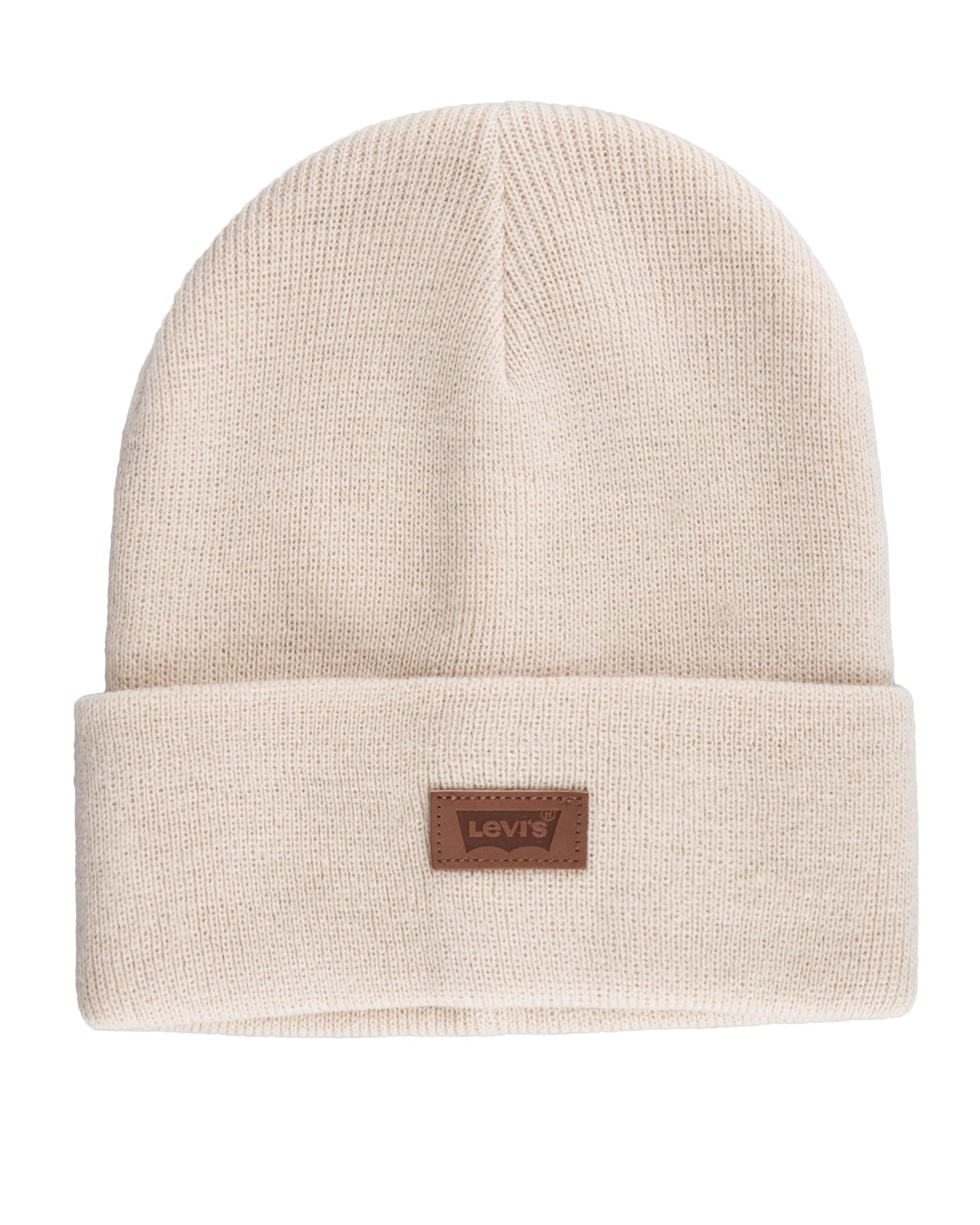 Levi's Unisex Adult All Season Comfy Leather Logo Patch Cuffed Hero Beanie Hat, Cream Solid