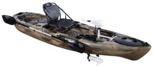 bkc pk11 angler 10.5-foot sit on top solo fishing kayak w/trolling motor, paddle, and upright aluminum seat (green camo)