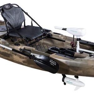 BKC PK11 Angler 10.5-Foot Sit On Top Solo Fishing Kayak w/Trolling Motor, Paddle, and Upright Aluminum Seat (Green Camo)