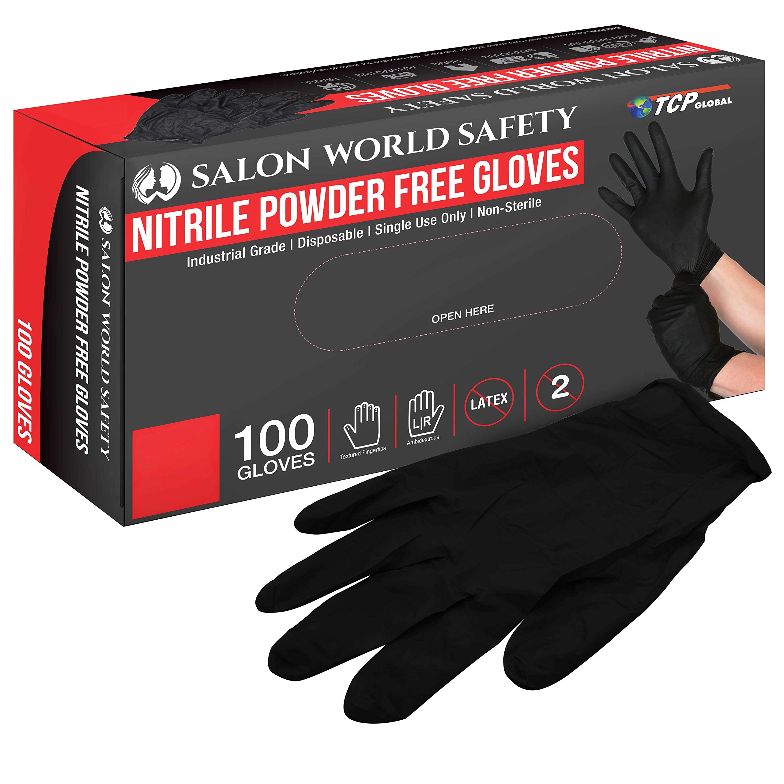 Salon World Safety Black Nitrile Disposable Gloves, Box of 100, Size X-Large, 5.0 Mil - Latex Free, Textured, Food Safe