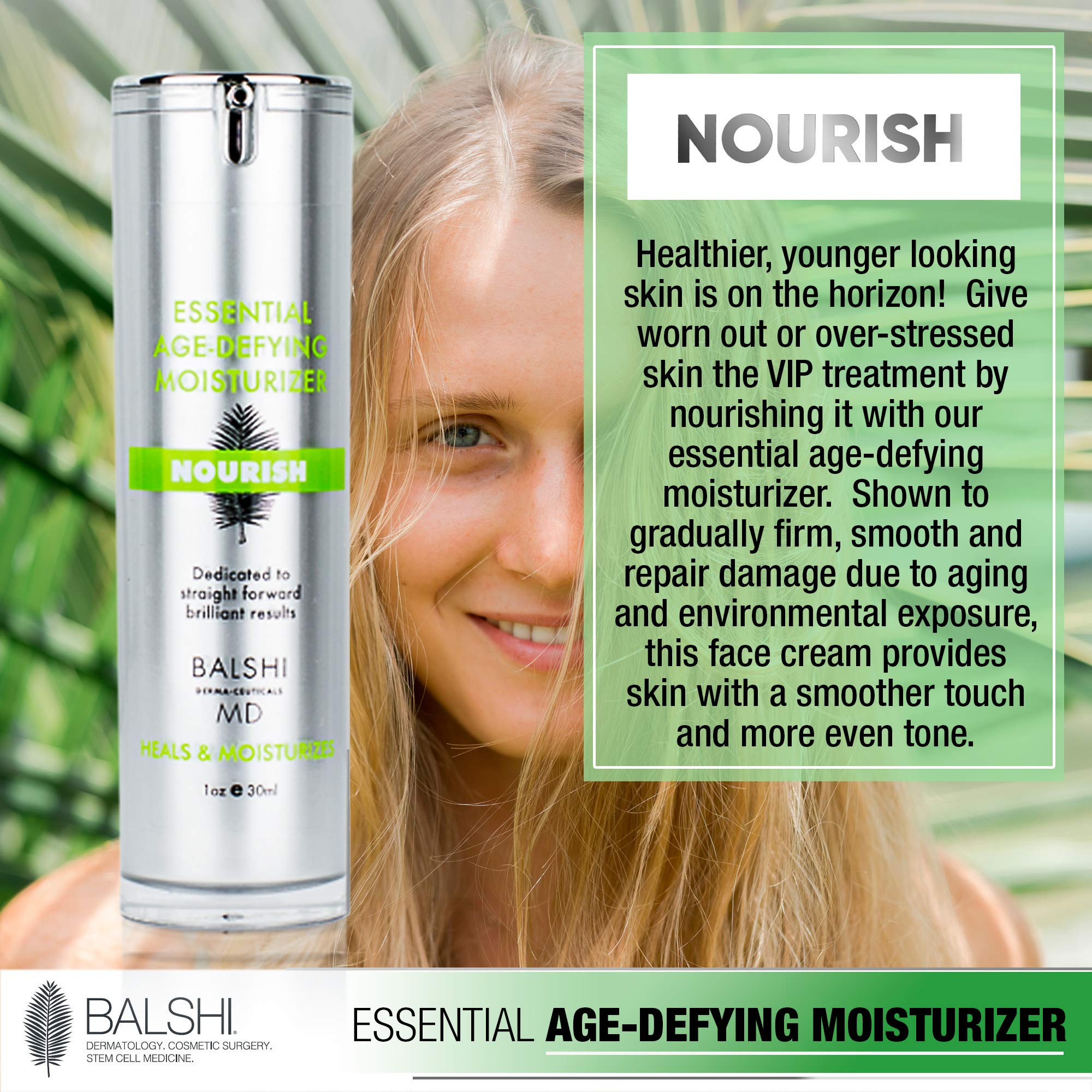 Balshi Derma-Ceuticals MD NOURISH Essential Moisturizer Face Cream - Infused w/Hyaluronic Acid, Jojoba Oil, & Squalane - Hydrates, Firms, & Revives Radiance - Diminish Wrinkles & Dark Spots - 30ml