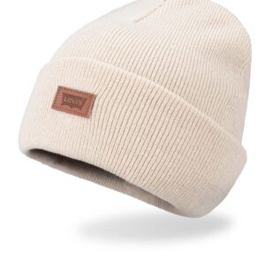 Levi's Unisex Adult All Season Comfy Leather Logo Patch Cuffed Hero Beanie Hat, Cream Solid