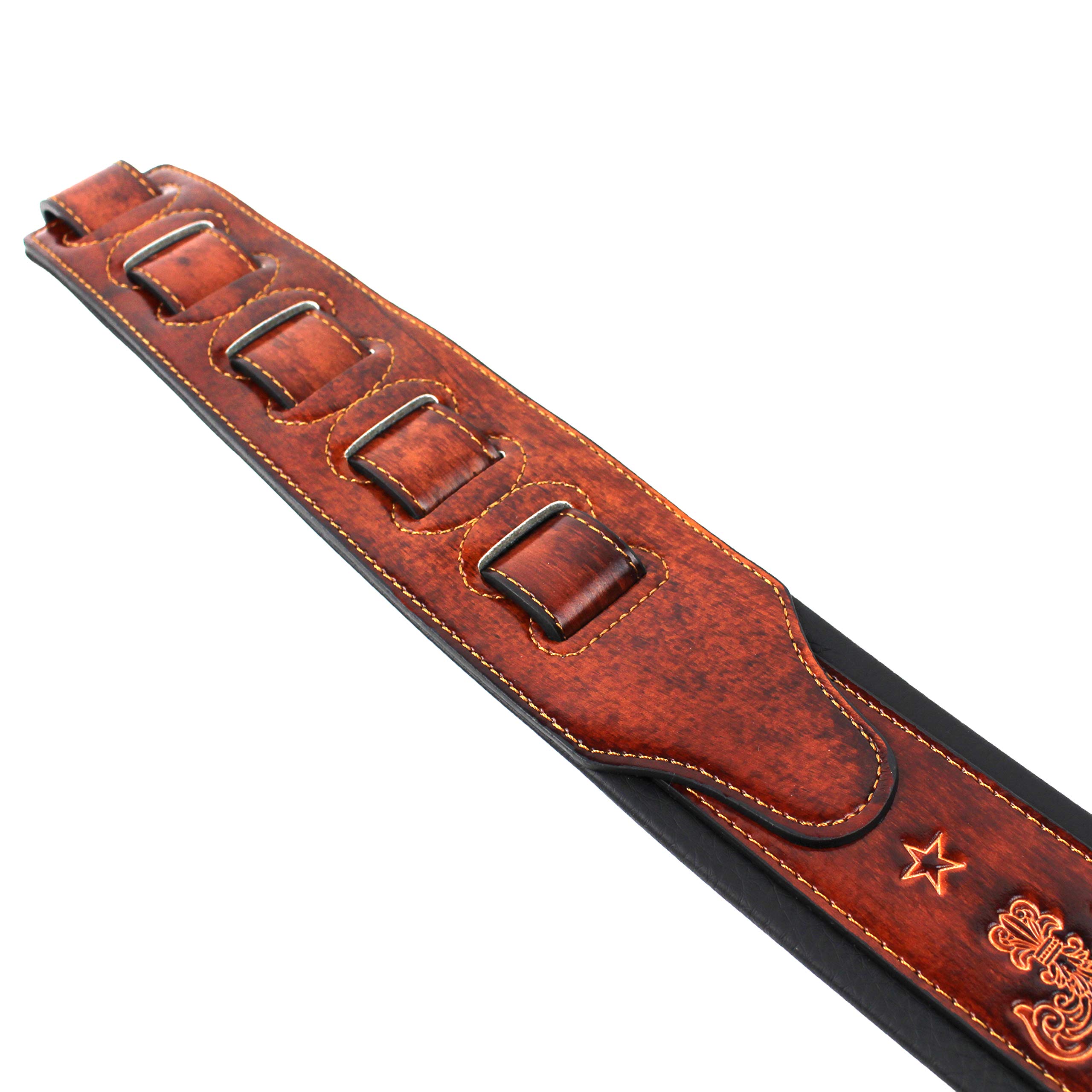 Walker And Williams GB-22 Bourbon Brown Padded Guitar Strap with Fleur De Lis & French Chain Design For Acoustic, Electric, And Bass Guitars