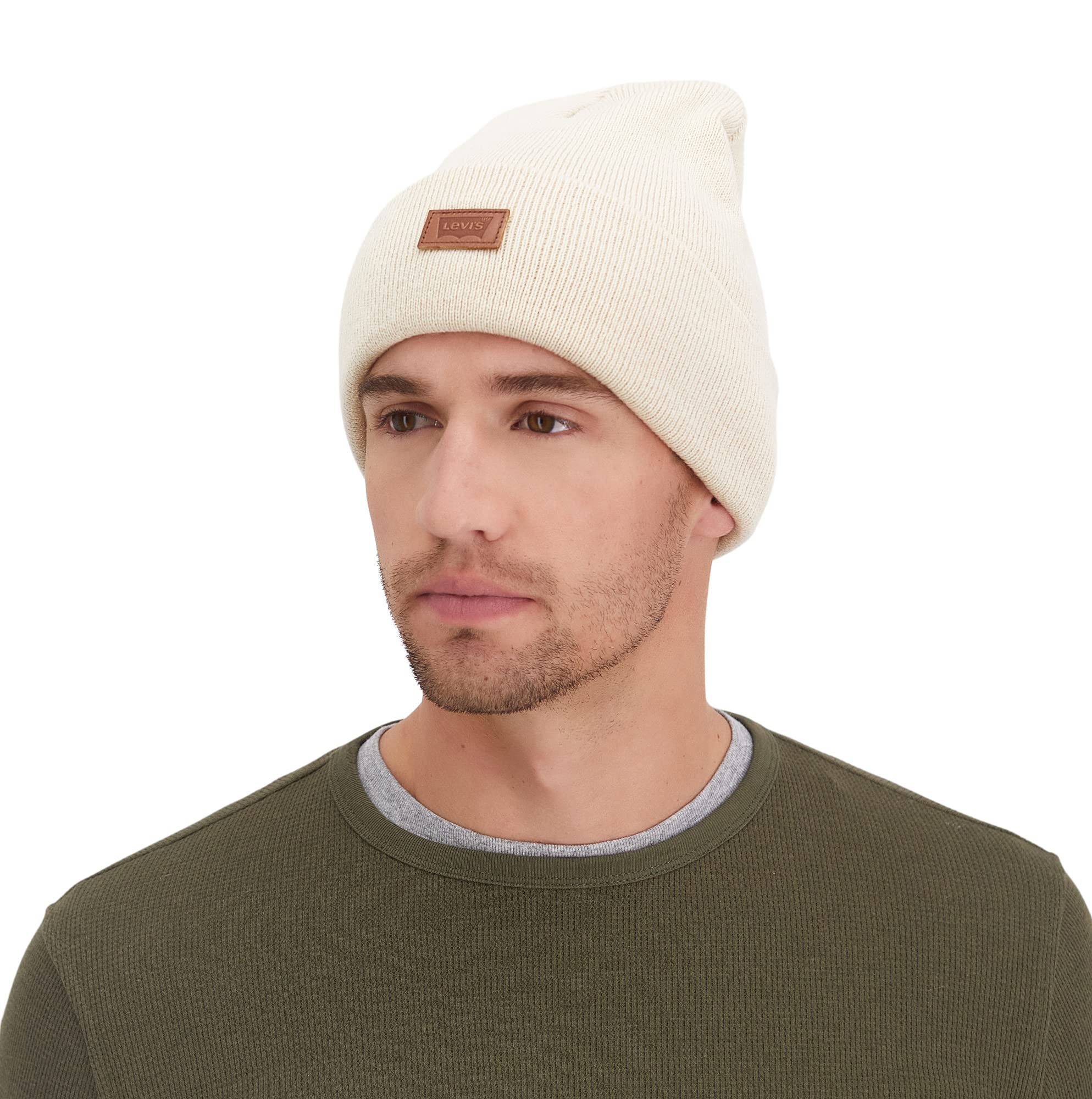 Levi's Unisex Adult All Season Comfy Leather Logo Patch Cuffed Hero Beanie Hat, Cream Solid