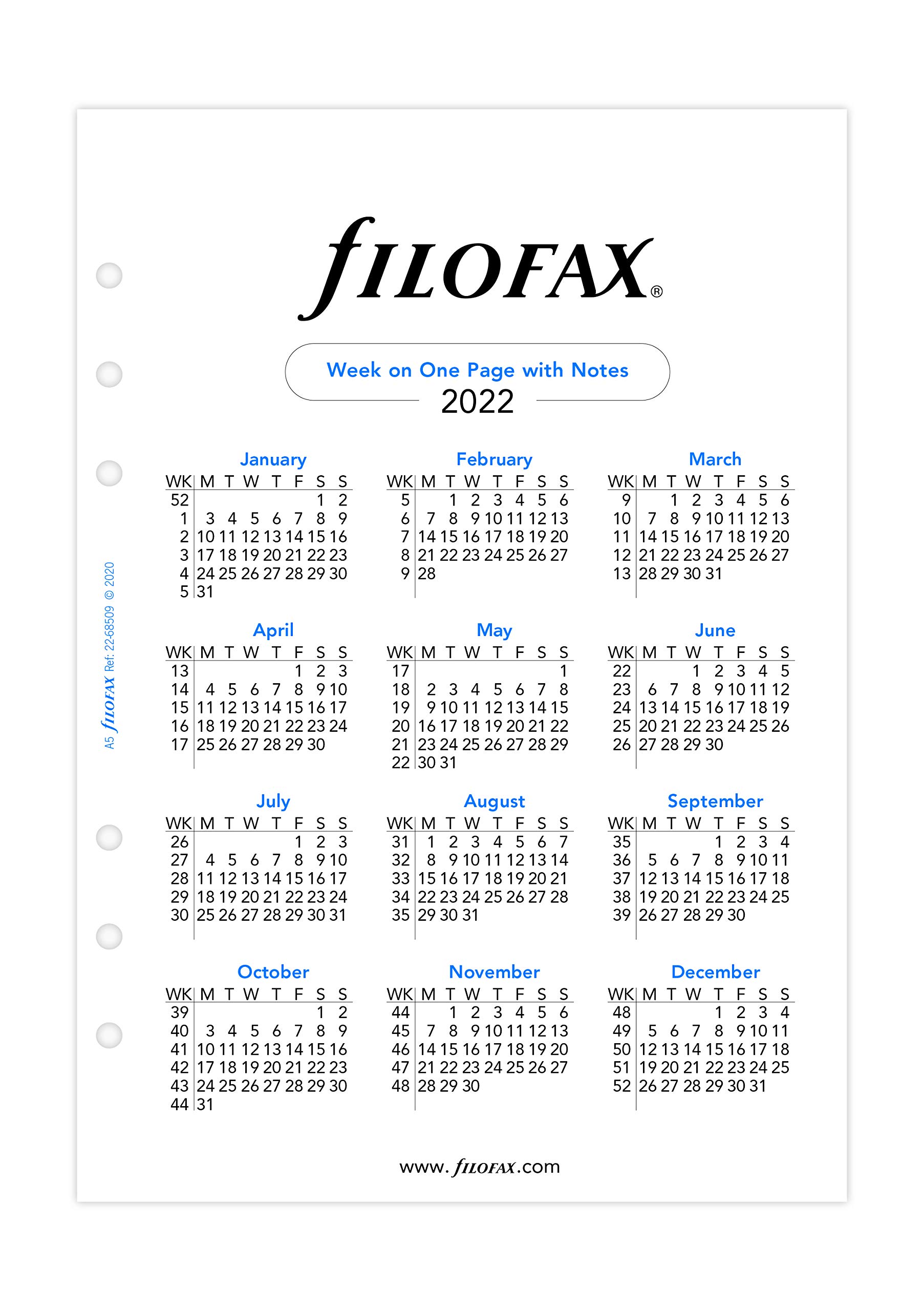 Filofax A5 week on one page with notes 2022 diary refill