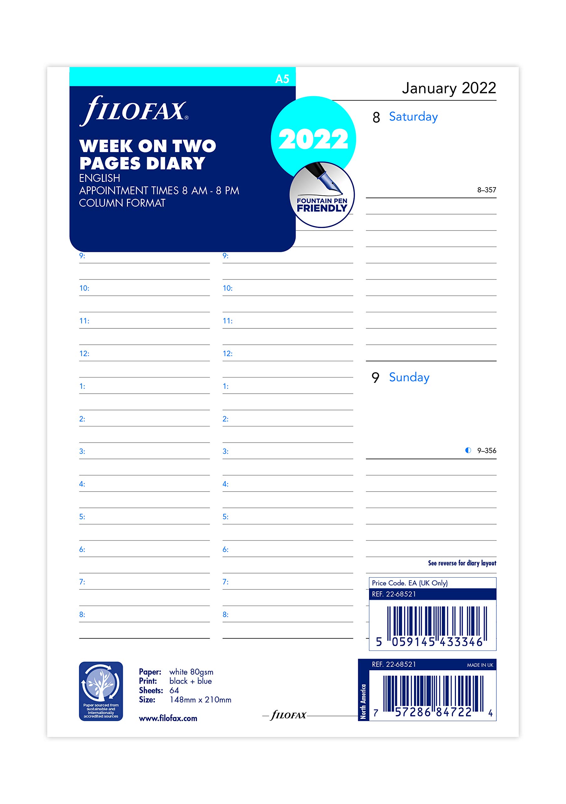 Filofax A5 Week on Two Pages English 2022 Diary