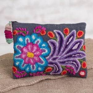 NOVICA Artisan Hand Embroidered Alpaca Clutch Floral in Slate from Peru Wool Handbags Grey Multicolor Clutches Patternedembroidered ' Midnight Delight'