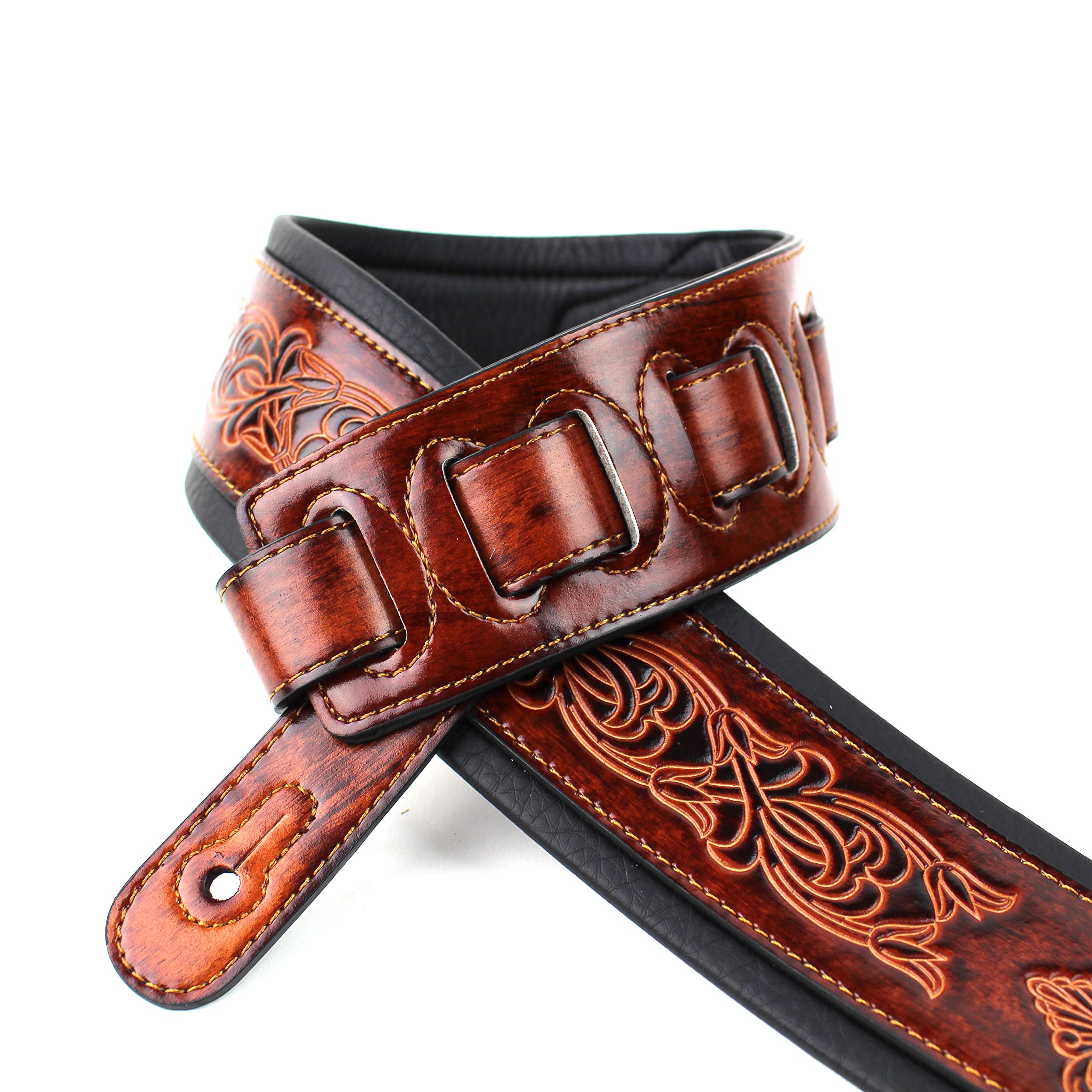 Walker And Williams GB-22 Bourbon Brown Padded Guitar Strap with Fleur De Lis & French Chain Design For Acoustic, Electric, And Bass Guitars