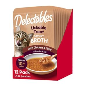 hartz delectables savory broths senior 10+ chicken & tuna lickable cat treat, 12 pack