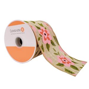 2.5" faux linen wired pink flower ribbon by celebrate it just peachy