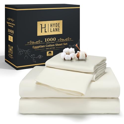 Hyde Lane Luxury 1000 Thread Count King Size Bed Sheets Deep Pocket, 100% Egyptian Cotton Sateen Weave - Superior Egyptian Quality, Very Comfy Soft & Thick Heavy, 4 PC Sheet Set (King, Ivory/Cream)