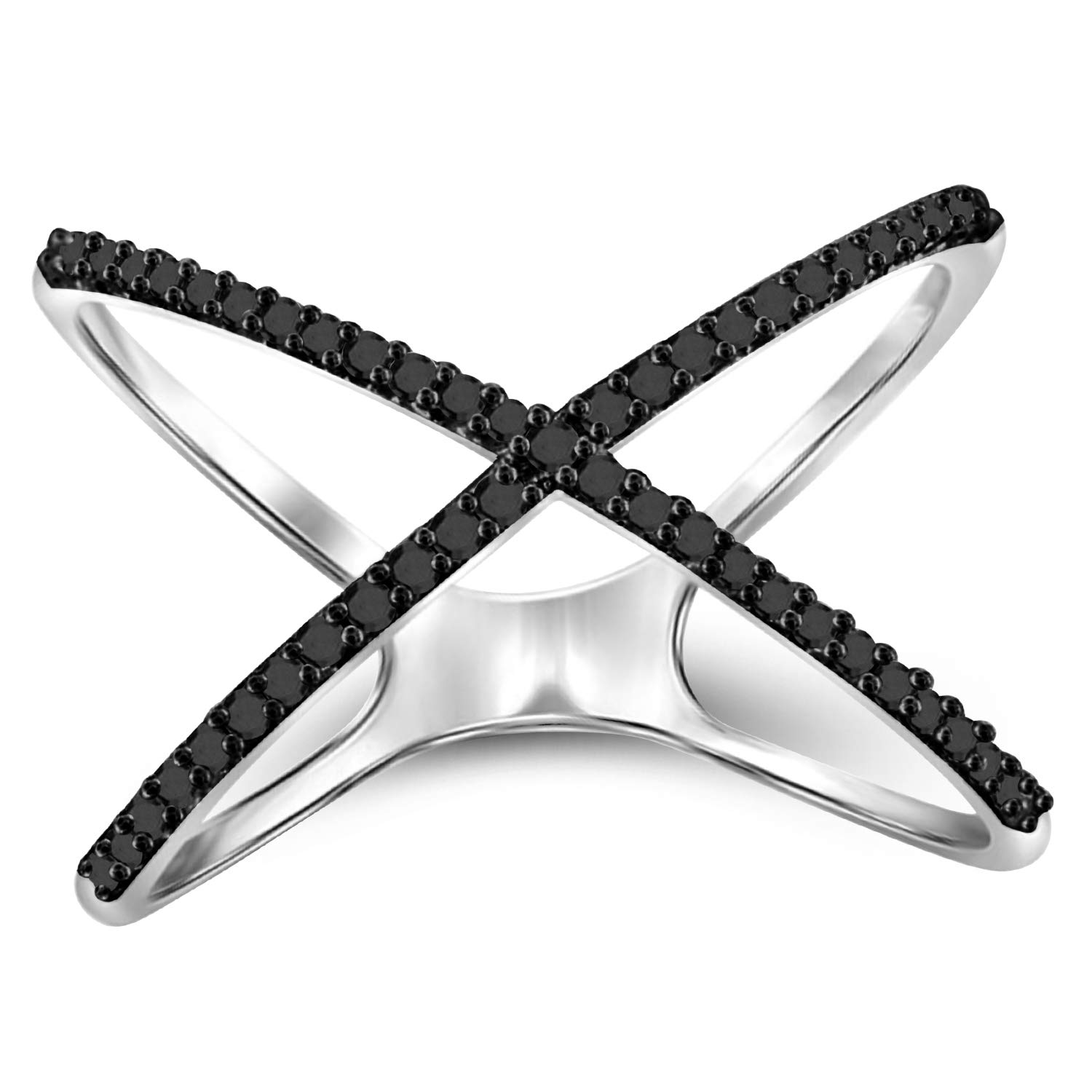 JEWELEXCESS Sterling Silver Criss Cross Ring – 1/7 Carat Black Diamond Ring with .925 Sterling Silver X Ring – Real Diamond Criss Cross Ring with Hypoallergenic Sterling Silver Ring Band