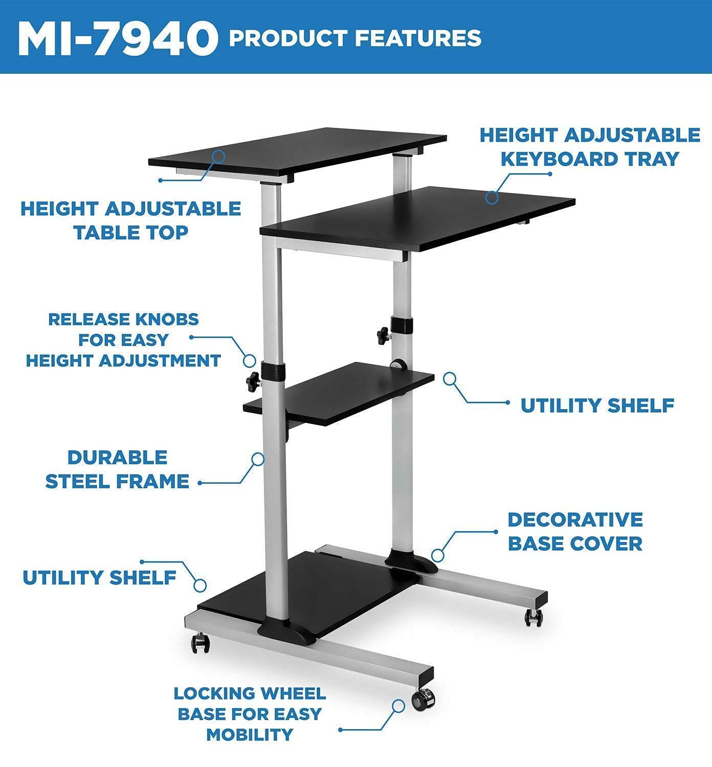 Mount-It! Mobile Standing Desk, Height Adjustable Stand Up Computer Work Station and Height Adjustable Foot Rest with Handle, Six Height Settings, and Anti-Slip Padded Surface