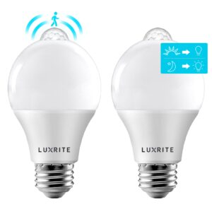 luxrite a19 led motion sensor light bulbs, 60w equivalent, motion activated dusk to dawn sensor, 5000k bright white, 800 lumens, security light bulb, indoor/outdoor, ul listed, e26 base (2 pack)