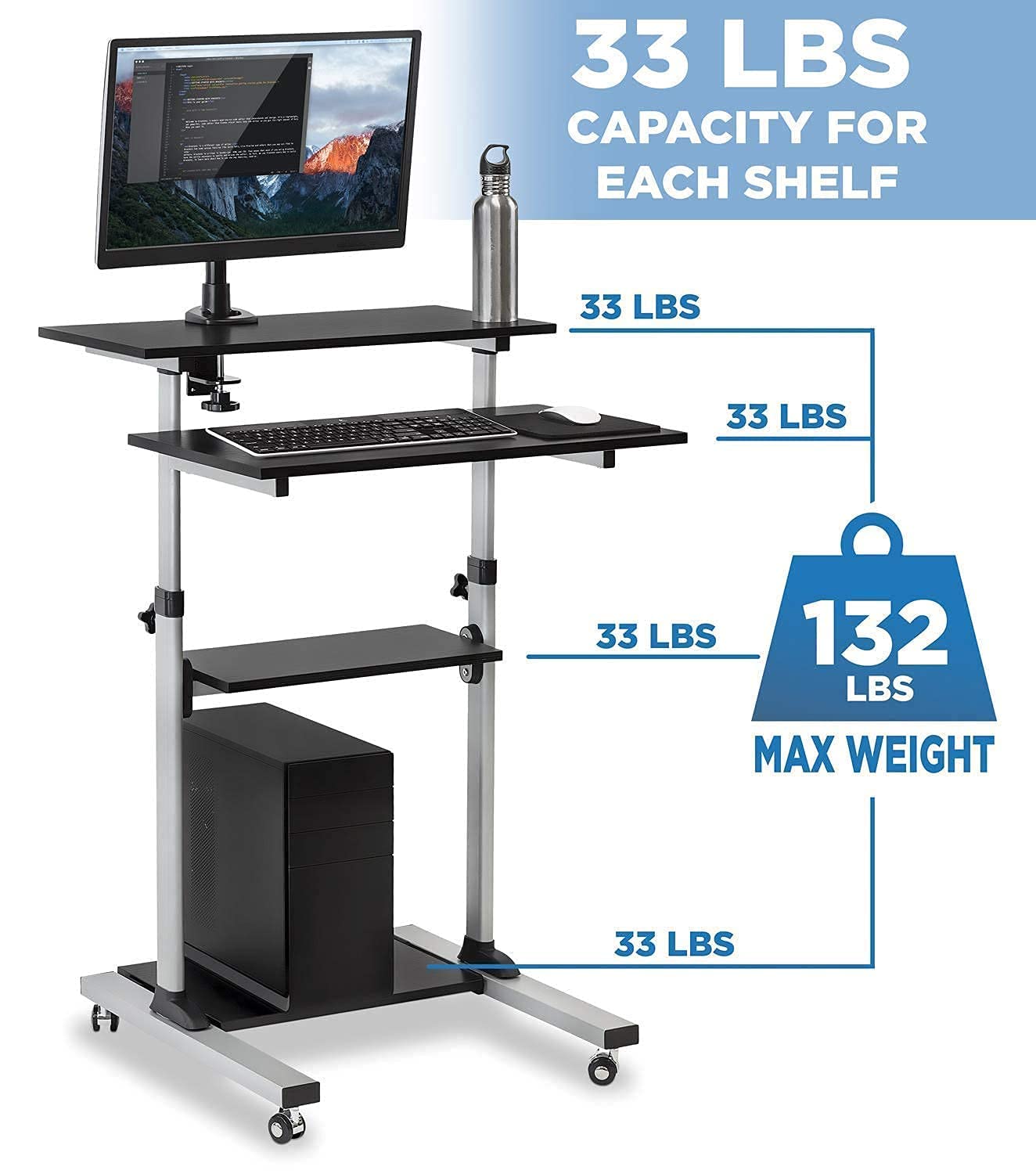 Mount-It! Mobile Standing Desk, Height Adjustable Stand Up Computer Work Station and Height Adjustable Foot Rest with Handle, Six Height Settings, and Anti-Slip Padded Surface